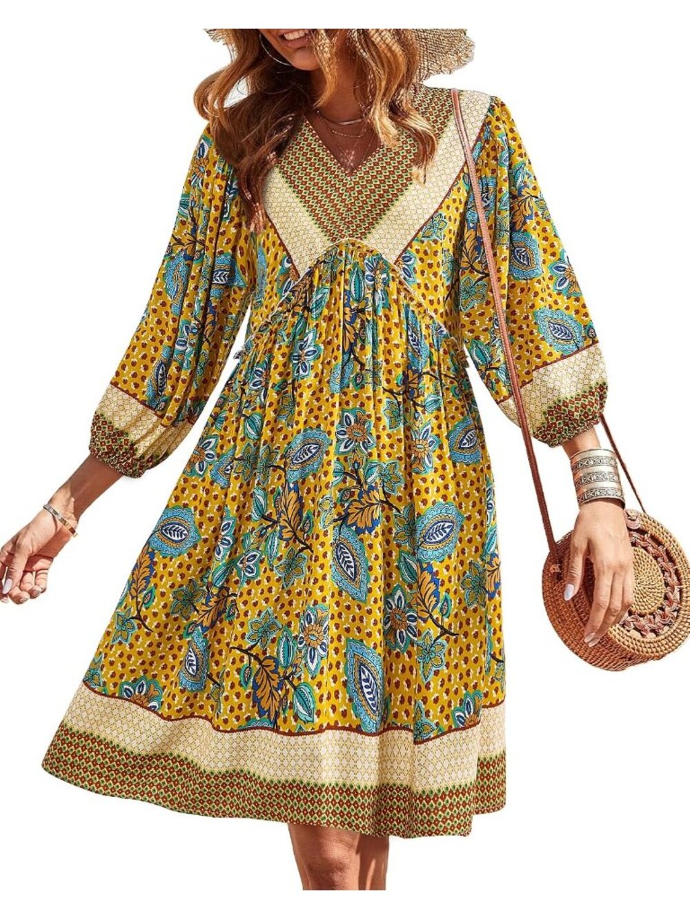 Women's Floral Yellow Apricot 3/4 Long Sleeve V Neck Casual Mini Short Dress